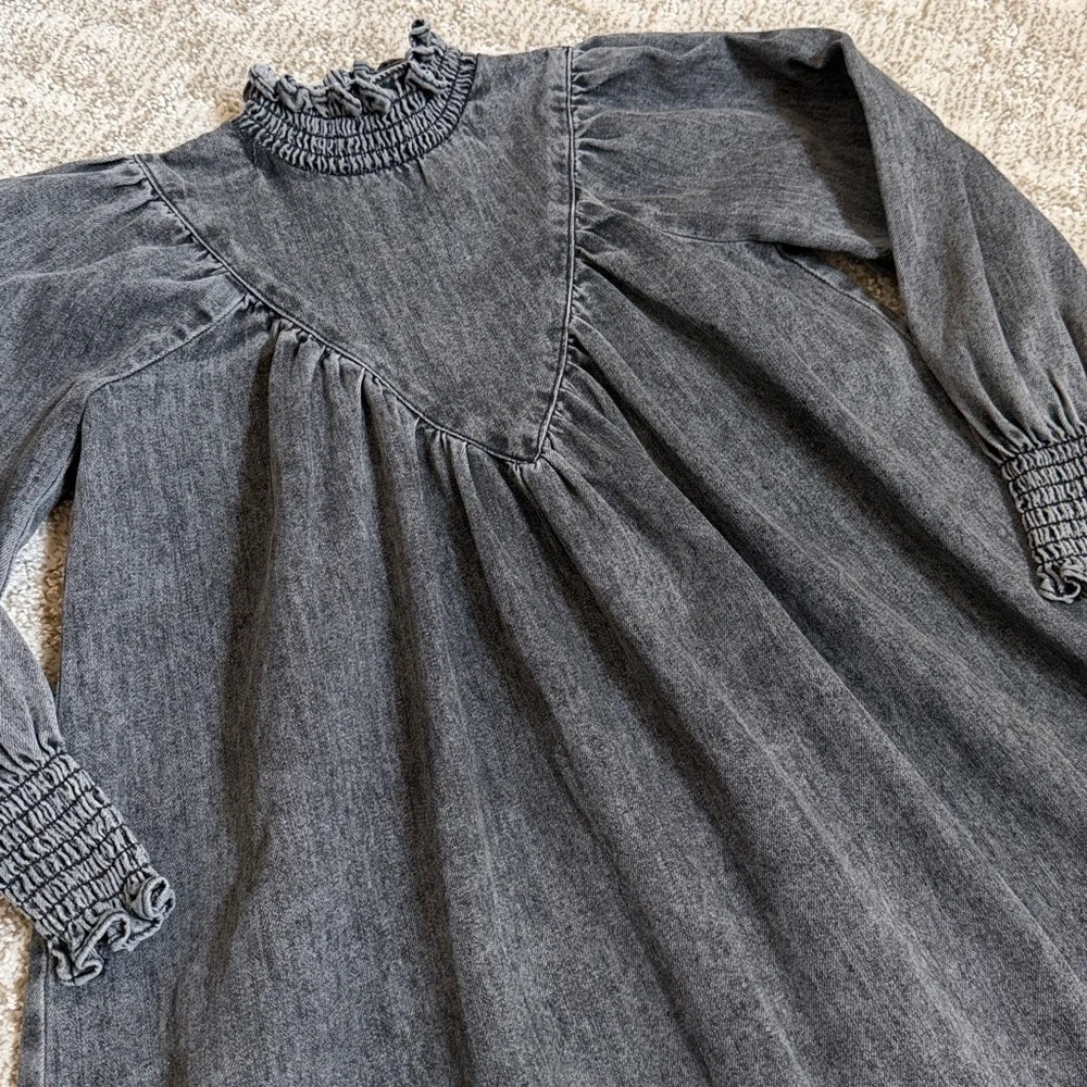 Petite Amalie Girls’ Black Wash Chambray Shirred Neck Babydoll Dress—5Y